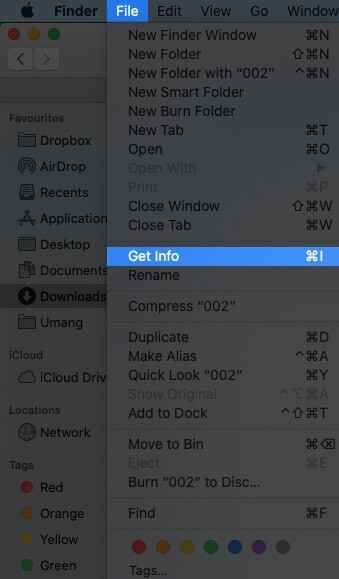 Click on File and Select Get Info on Mac