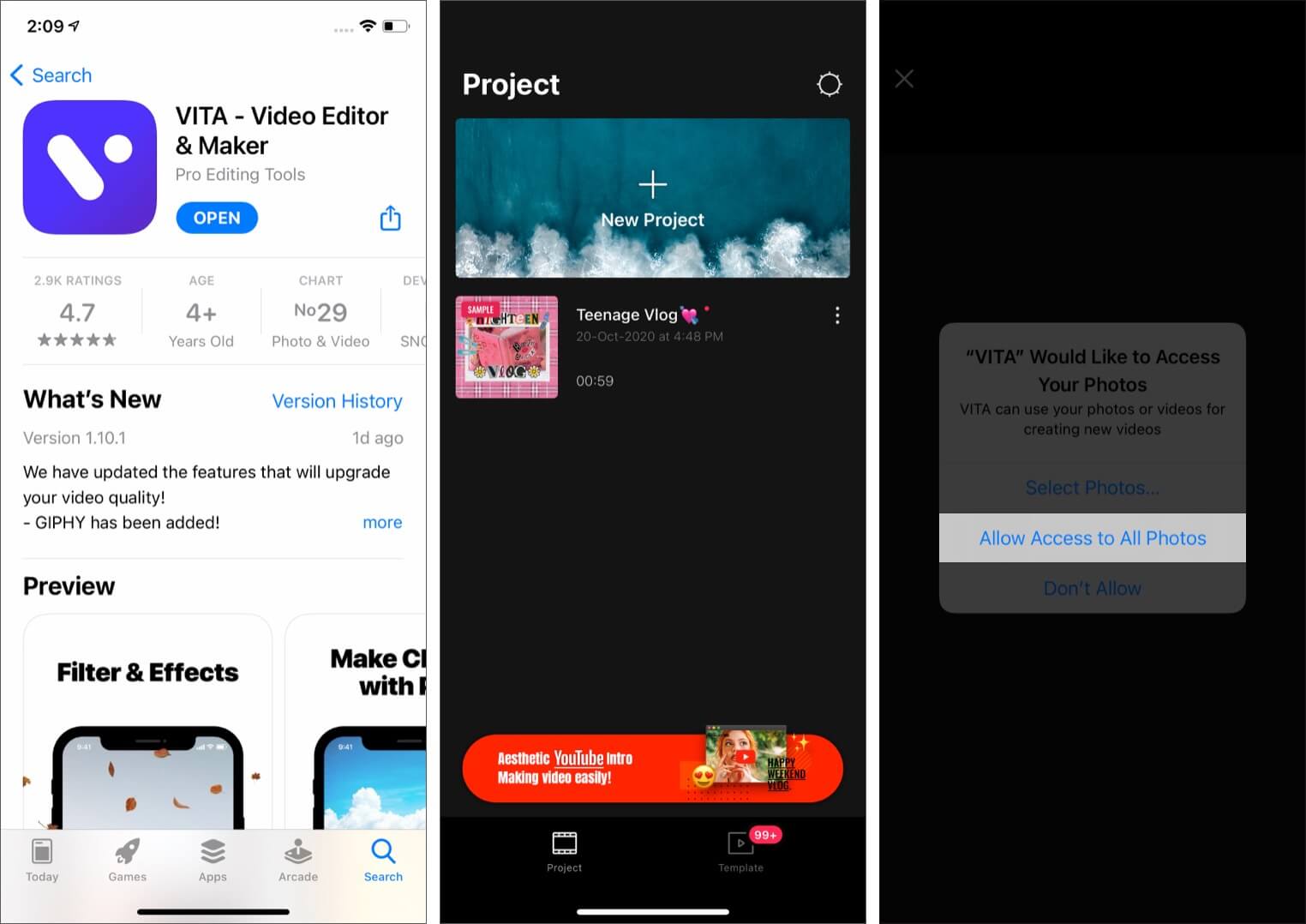 Download VITA Video Editor Tap on New Project and Allow Photos Access