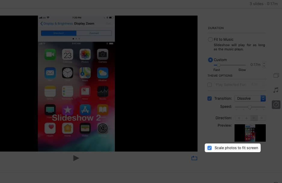 Enable Scale photos to fit screen to Change Transition on Slideshow in Mac Photos App