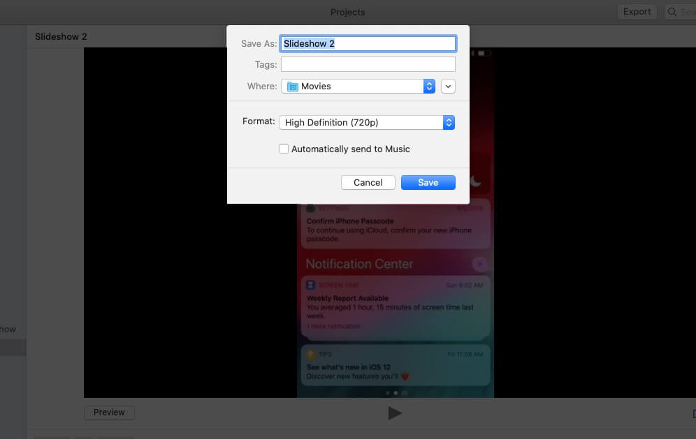 Give Name Select Location and Click on Save to Export Slideshow from Photos App on Mac