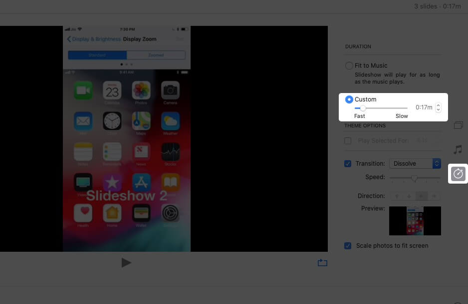 Select Custom and Drag Slider to Change Duration of Slides