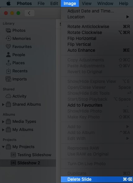 Select image from top menu and click on delete slide on mac