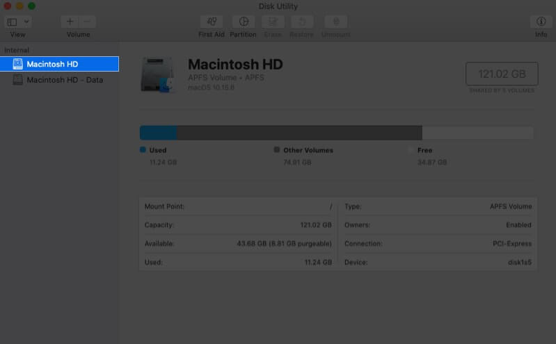Select Macintosh HD from Left Sidebar in Disk Utility on Mac