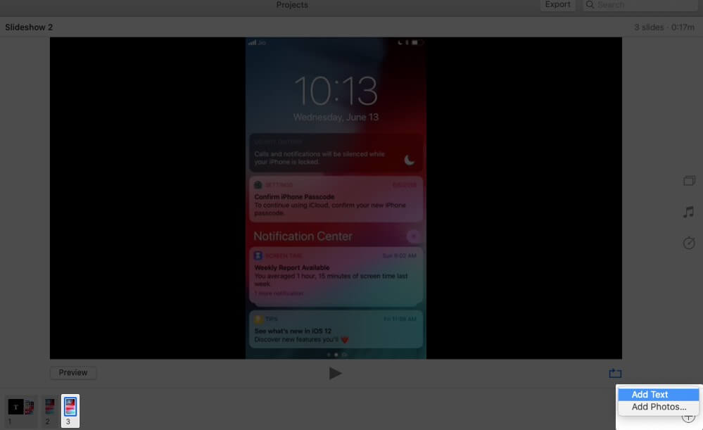 Select Slide Click on Plus and Then Click on Add Text in Photos App on Mac