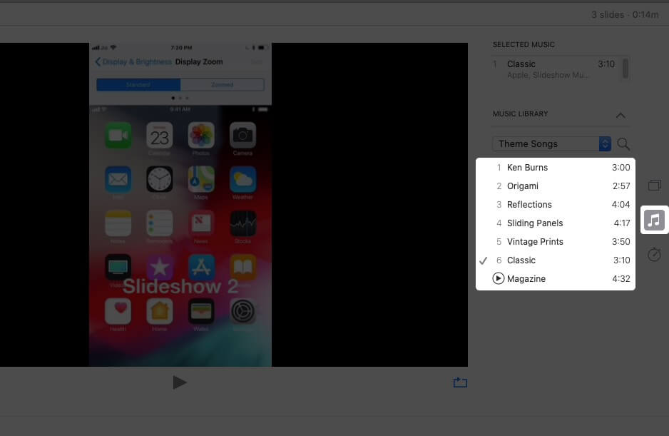 Select Song to Add Music to Slidshow in Photos App on Mac
