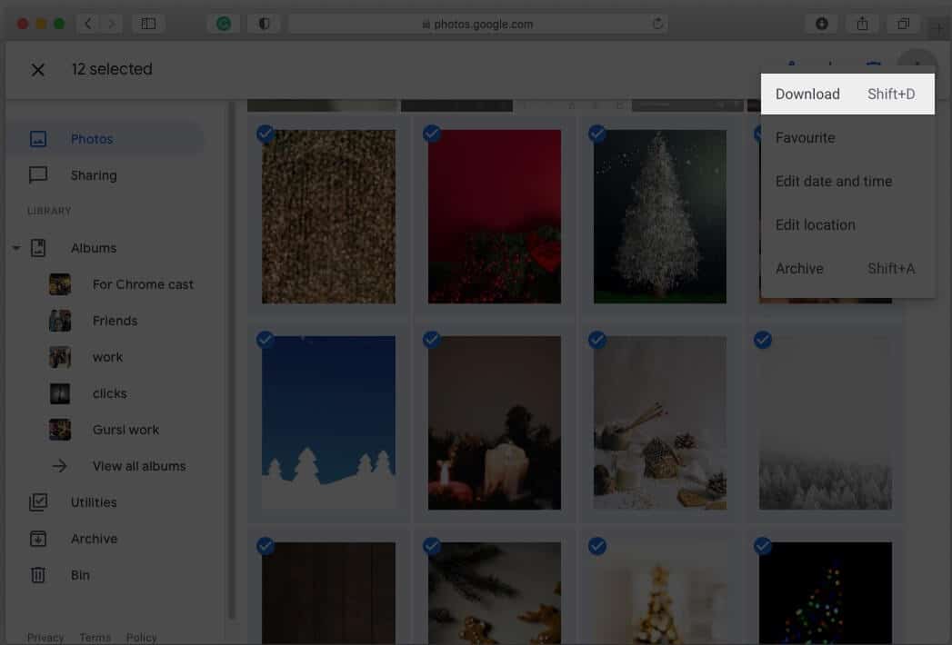 Export Google Photos library for Mac using web