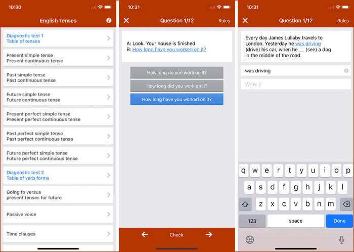 Learn English grammar tenses iPhone and iPad App Screenshot