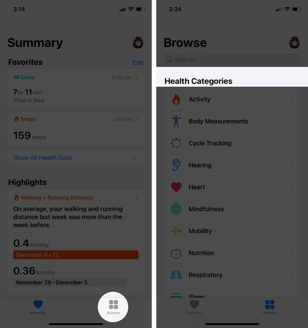 Open Health app and select category on iPhone