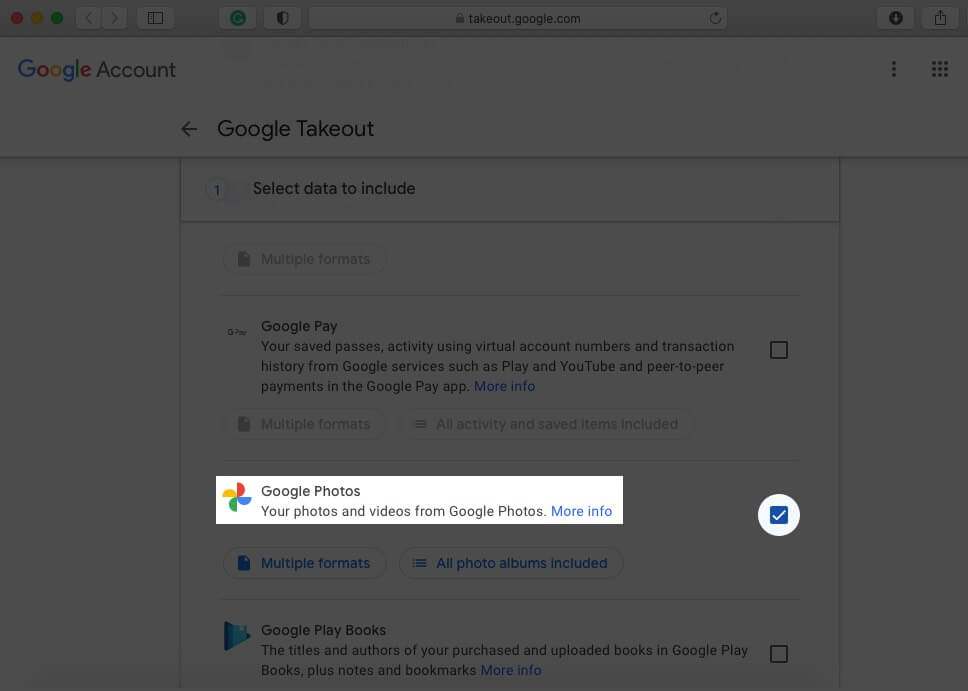 Select Google Photos from Google Takeout