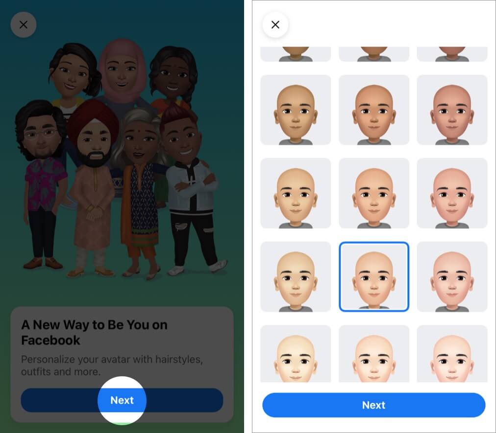 Tap Next and then get started designing your own Facebook avatar