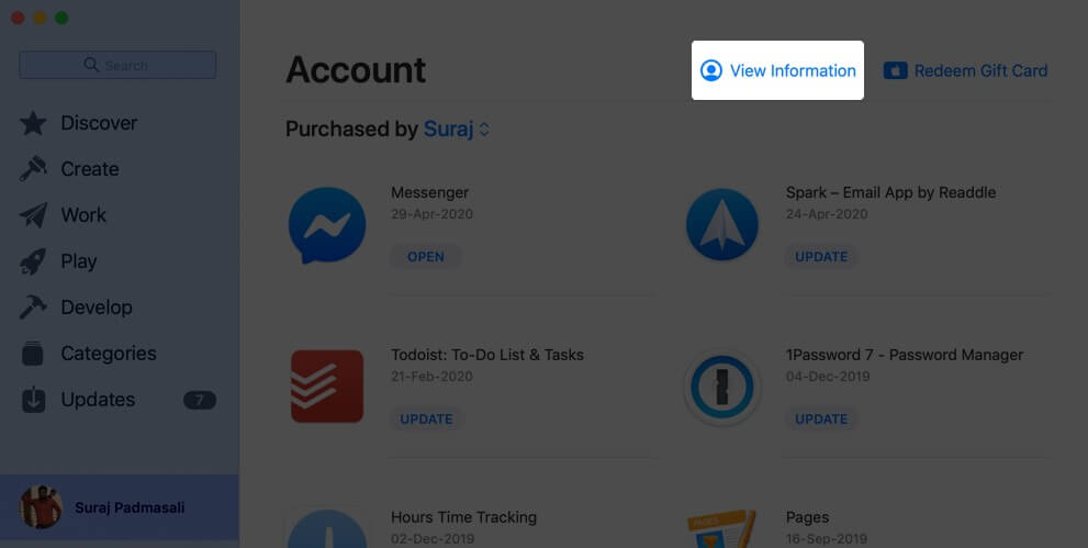 click on view information in app store account on mac