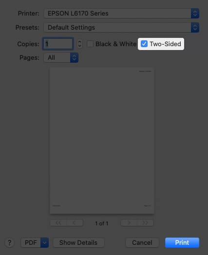 Select Two-Sided Option and Click on Print to Print Double-Sided on Mac When Browsing Online