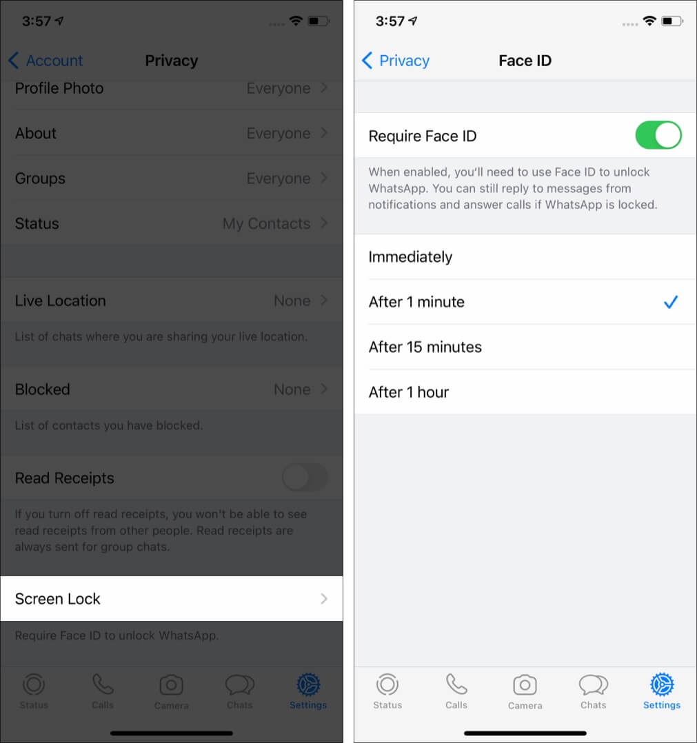 Tap Screen Lock and Enable Require Face ID or Touch ID