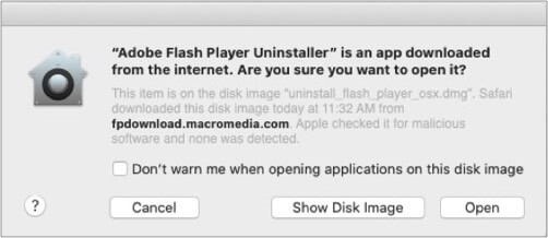 Double click on Adobe flash uninstaller icon on Mac and click open