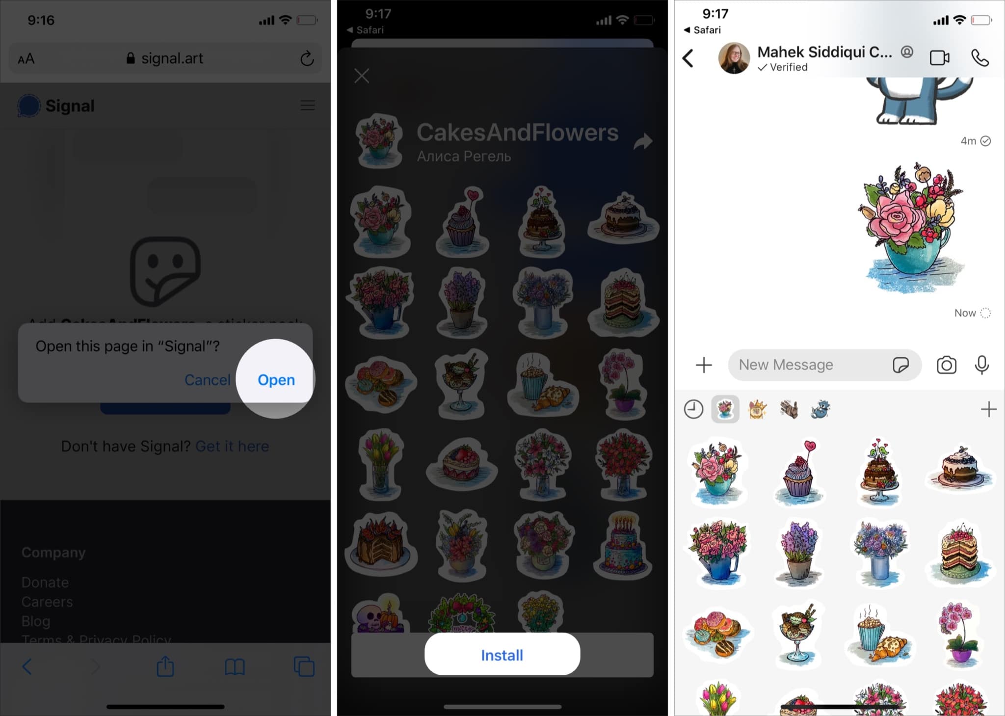 Tap on Open and Install to add third-party sticker packs in Signal 