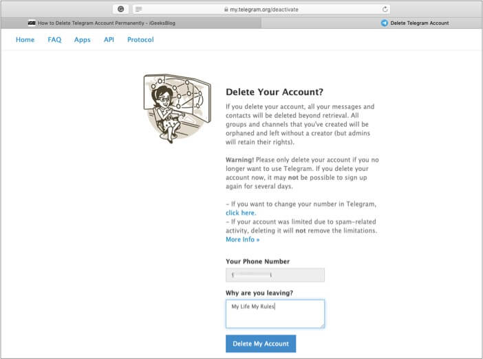 Write reason behind delete telegram account and click Done