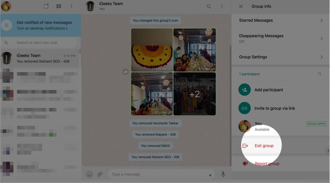 Click Exit Group in WhatsApp Web