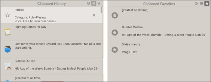 Clipboard favorites and history in Unclutter Mac app