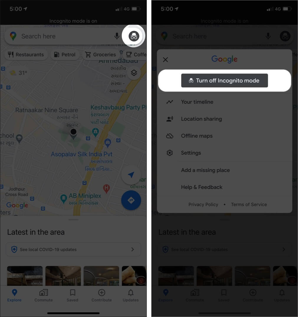 turn off Incognito mode on Google Maps for iPhone