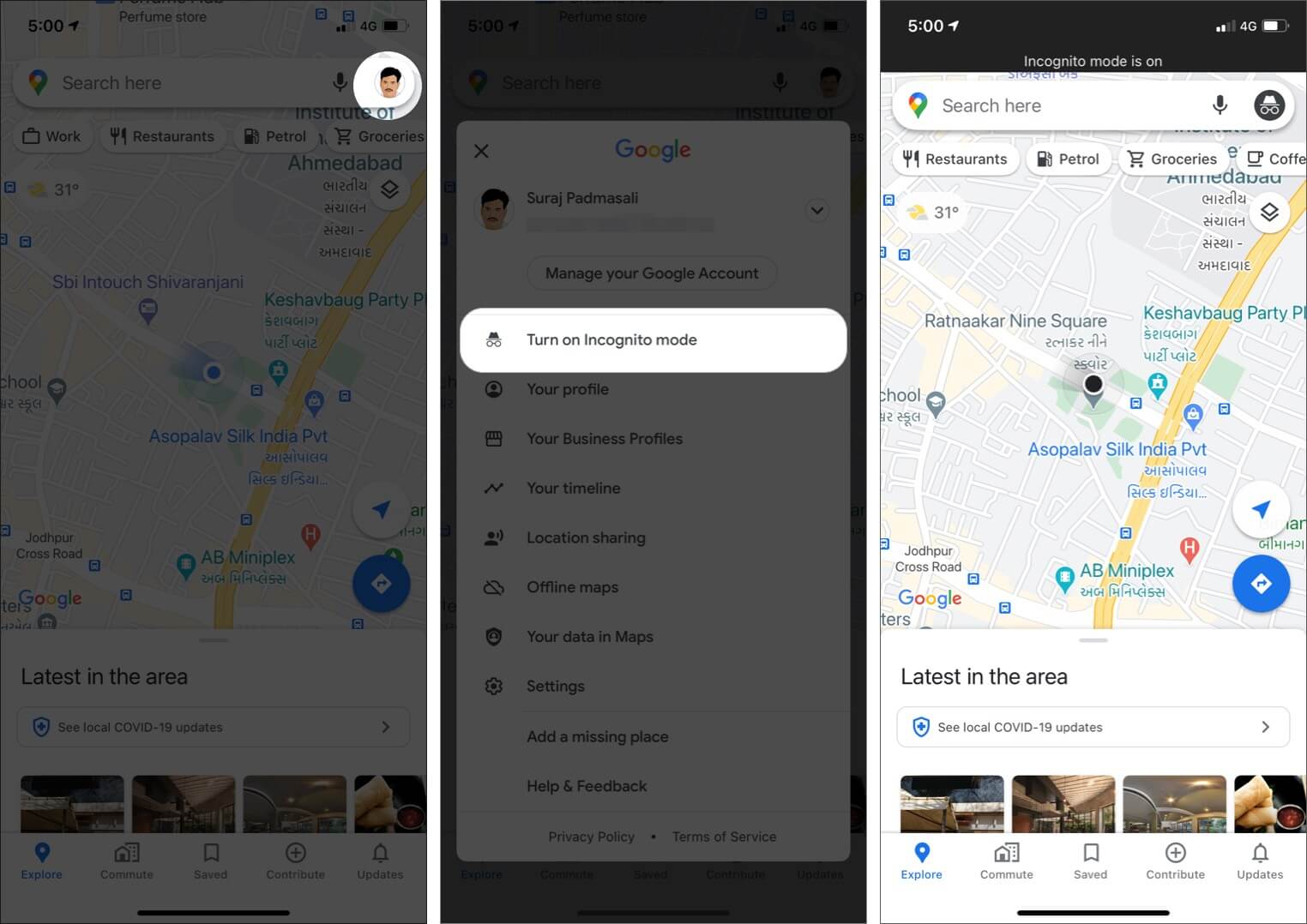 turn on Google Maps Incognito mode on iPhone