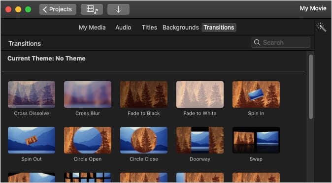 Add transitions between clips in iMovie on Mac