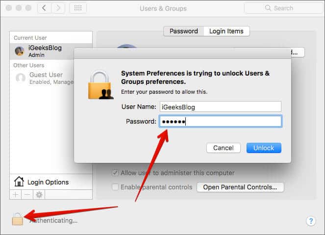 Click Lock icon and enter Administrator password in Mac Users & Groups