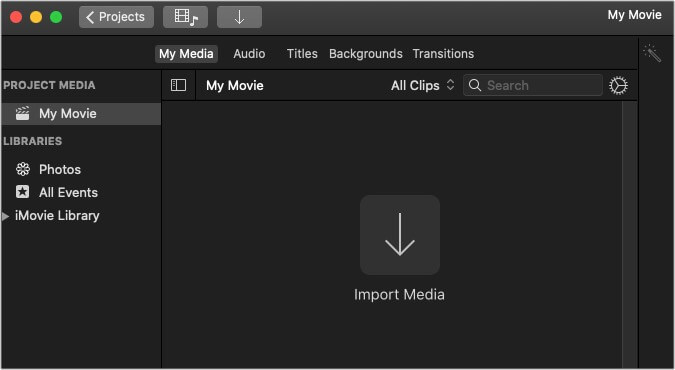 Click on Import Media button in My Media in iMovie on Mac