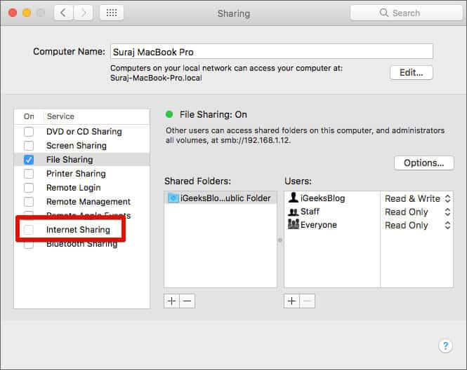 Disable Internet Sharing on Mac