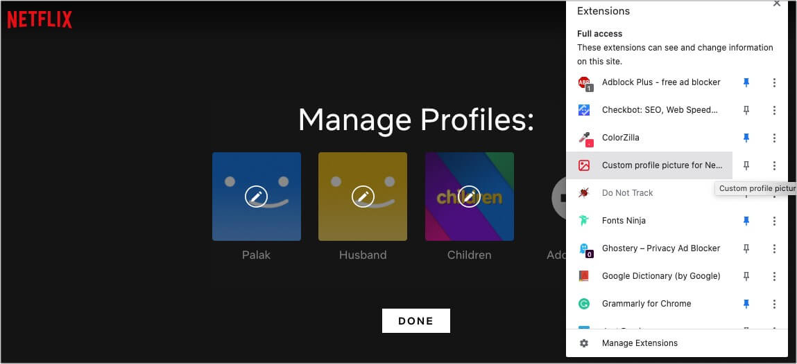 Open extension Custom Profile Picture for Netflix