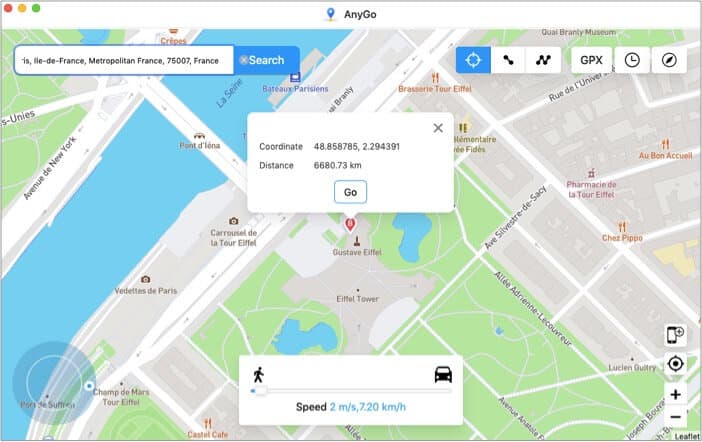 See the coordinates and distance of the location in iToolab app for Mac