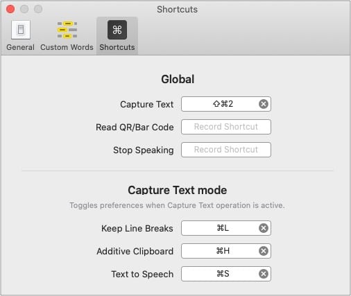 Shortcuts of textsniper mac app