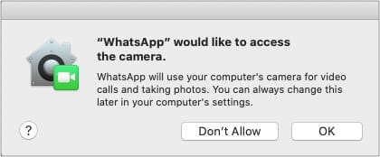 Allow WhatsApp to access Mac microphone and camera