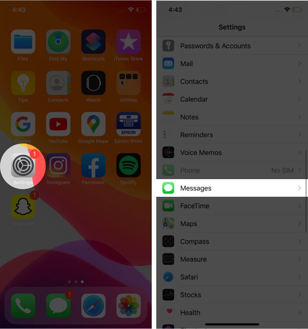 open settings and tap on messages on iphone