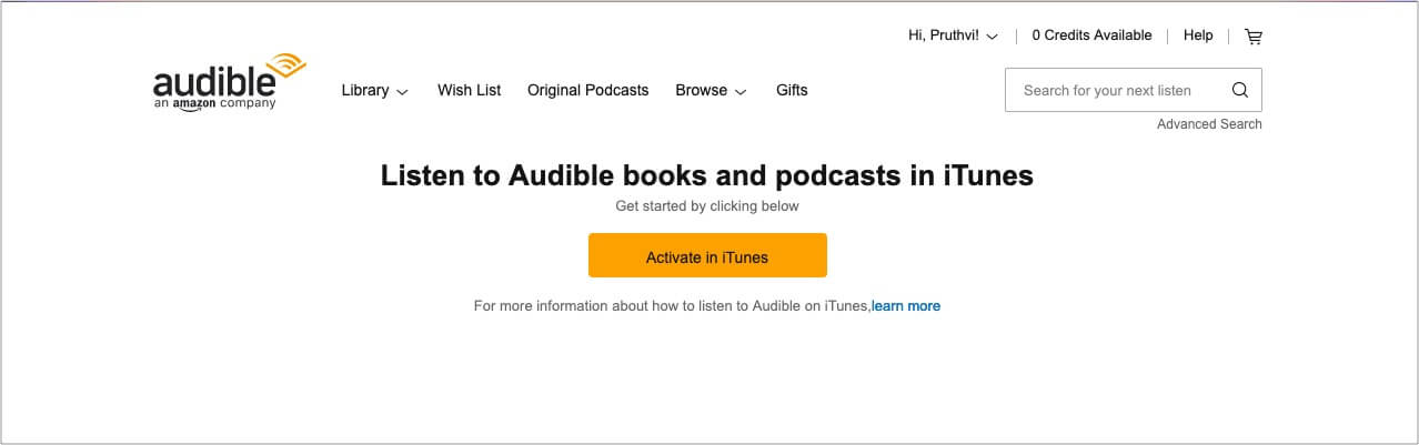Sing in using Audible and Click Activate in iTunes