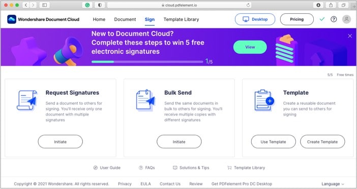 Go to Sign tab and tap Initiate in Wondershare Document Cloud from the web