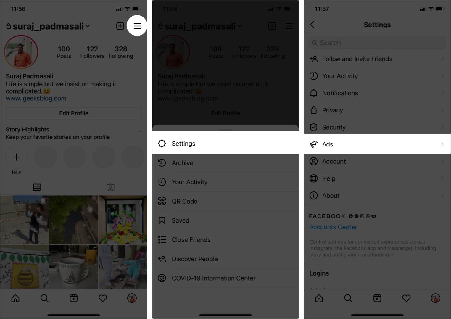 Go to your Instagram Profile, tap settings and Ads
