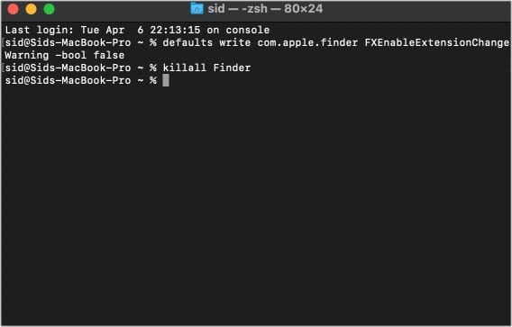 How to disable the file extension change warning using Terminal