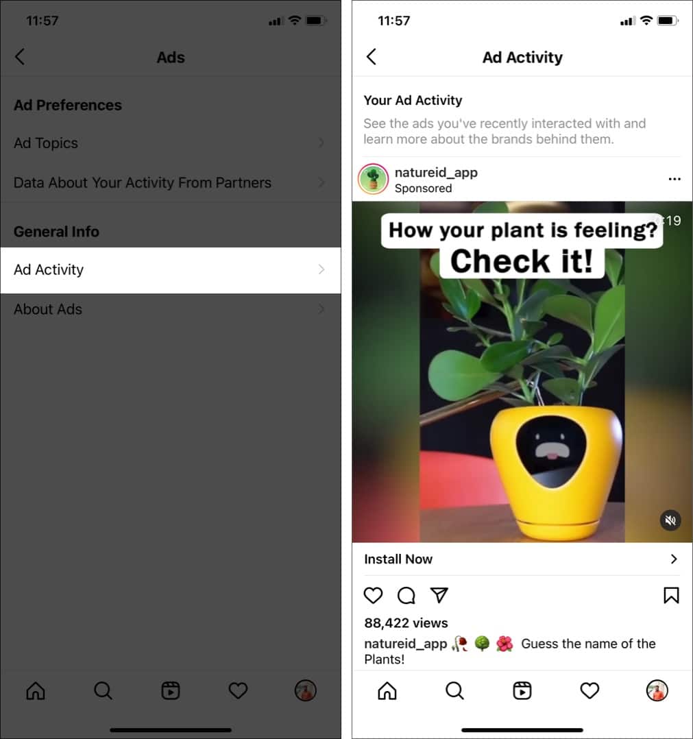 Tap on Ad Activity to see what Instagram ads you clicked