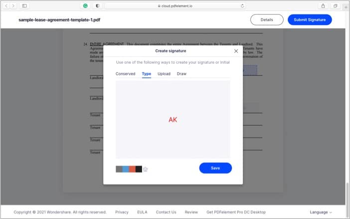 Type, Draw, use a Conserved or Upload a signature