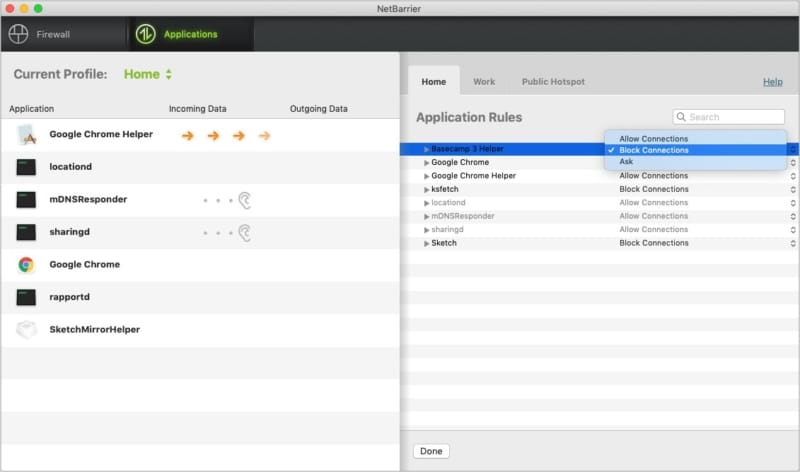 Block connection of specific apps using  NetBarrier X9