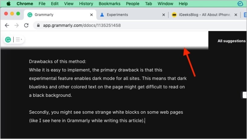 Drawbacks of Chrome experimental dark mode feature