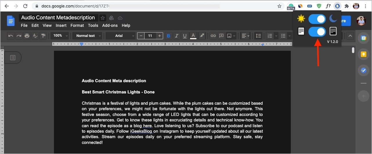Enable switch for Google Docs Dark Mode