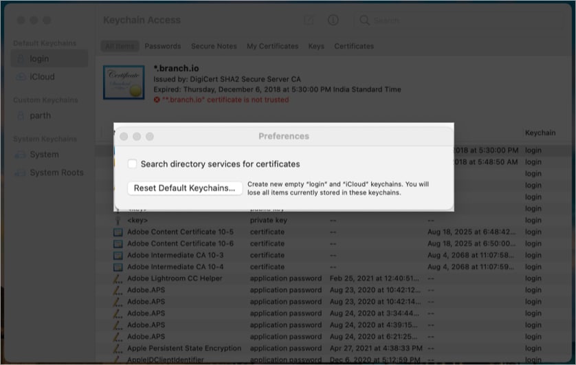 Click the Reset Default Keychains