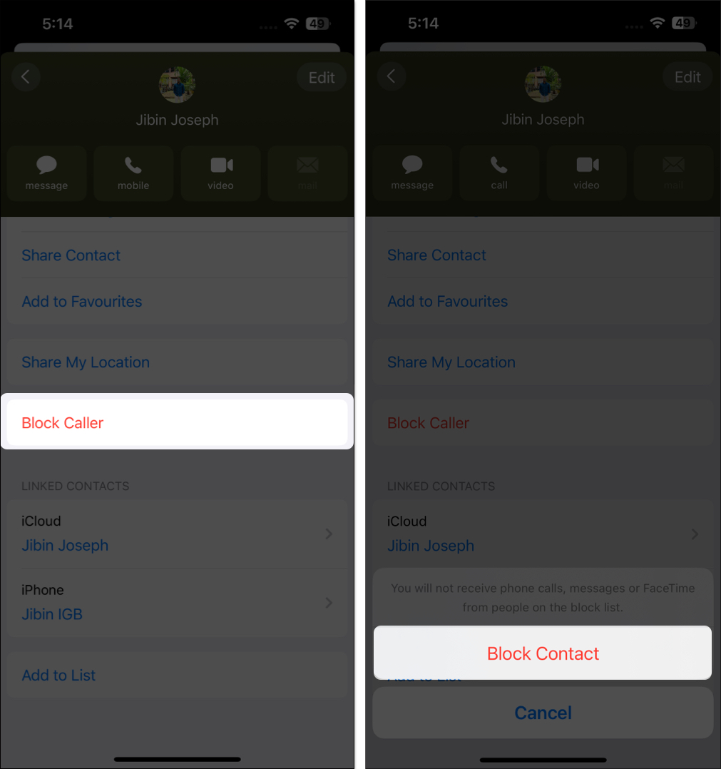 Select Block Caller, tap Block Contact on iPhone