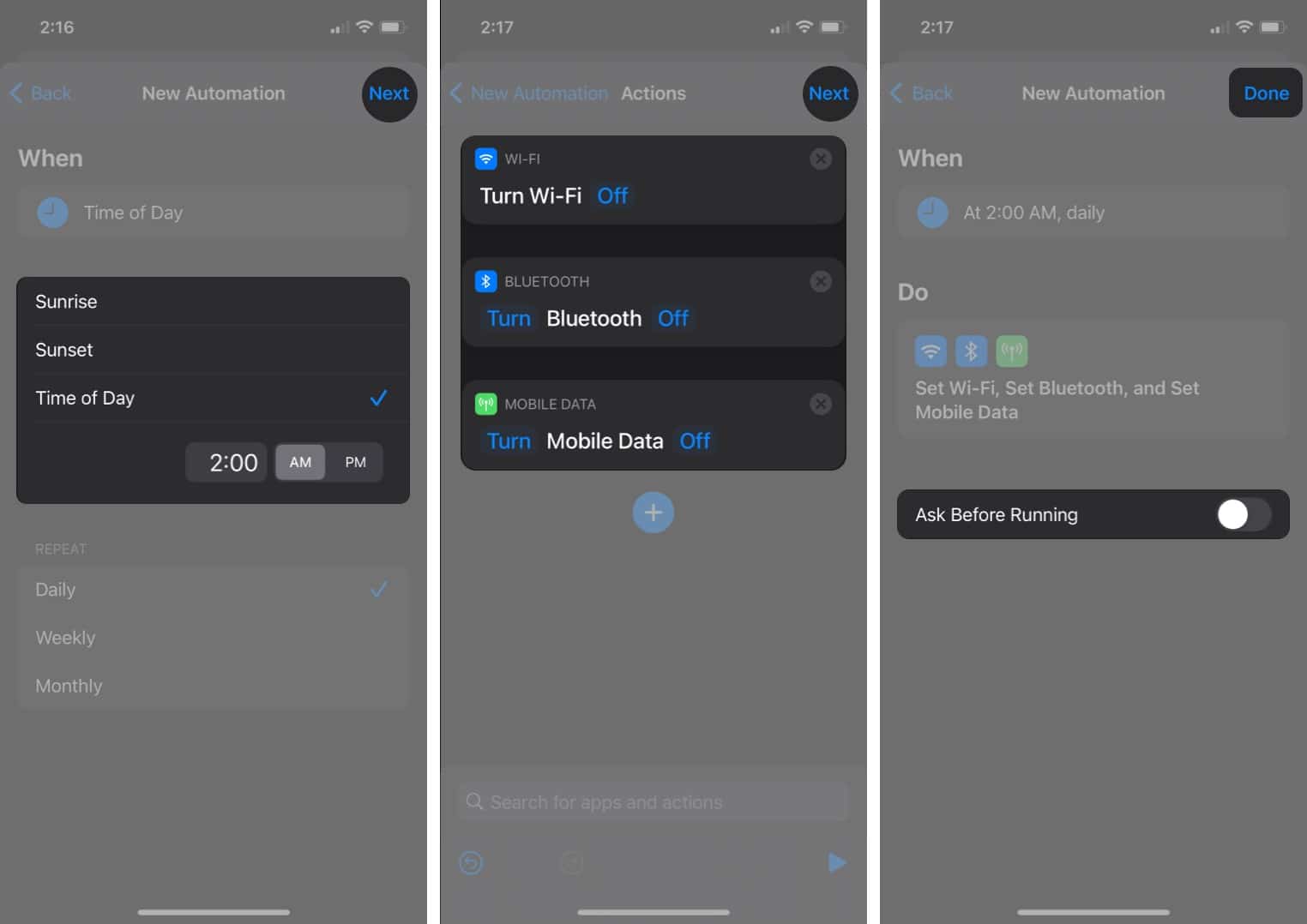 Set a Siri Automation to Turn off Wi-Fi, Bluetooth, and Mobile Data at Night on iPhone