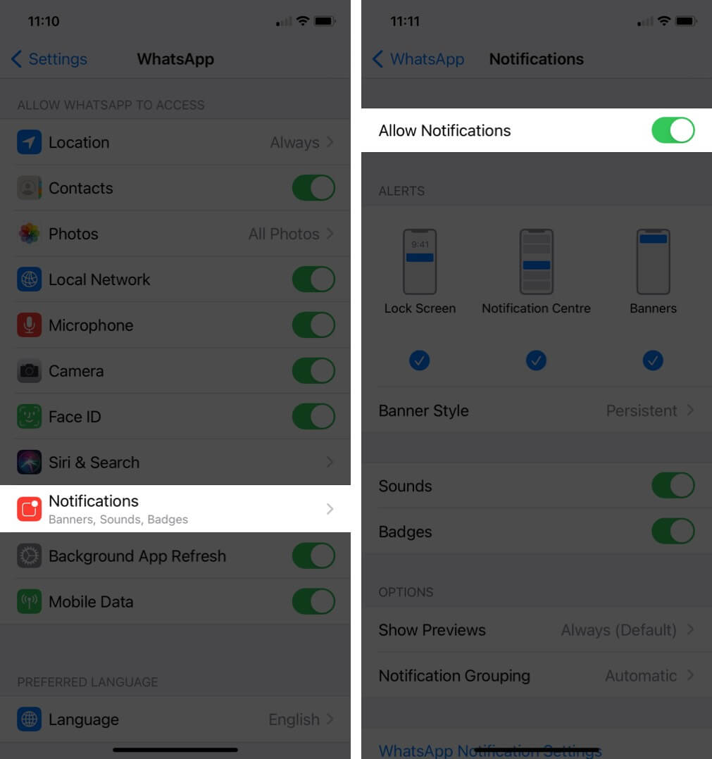 check allow notifications is enabled in whatsapp on iphone settings