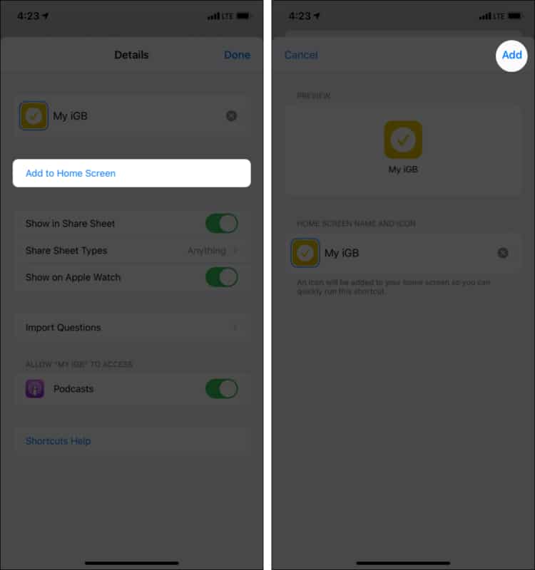 Tap Add to Home Screen and then tap Add