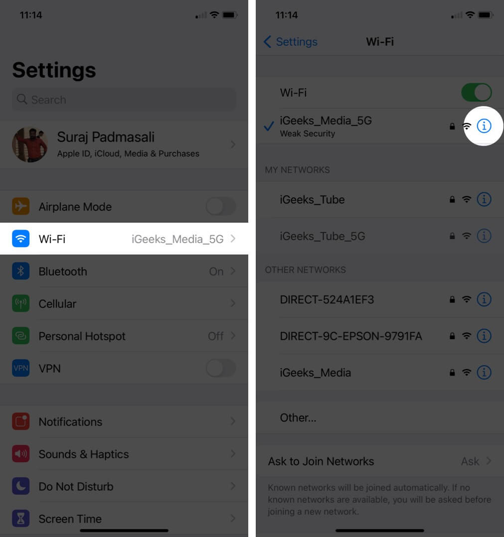 tap on wi-fi and tap on i next to connected wi-fi network in settings on iphone