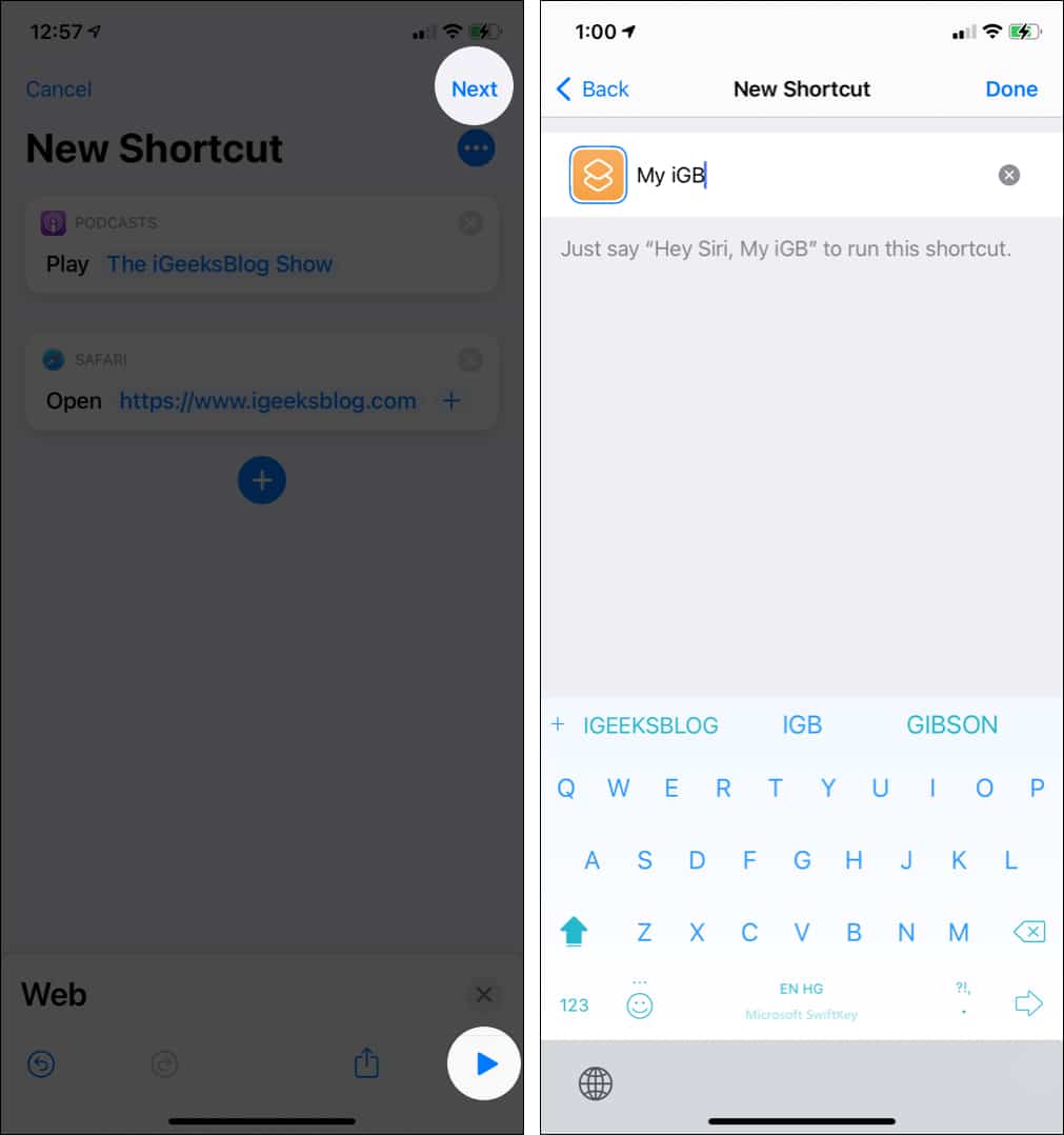 Tap play to test shortcut and then tap Next
