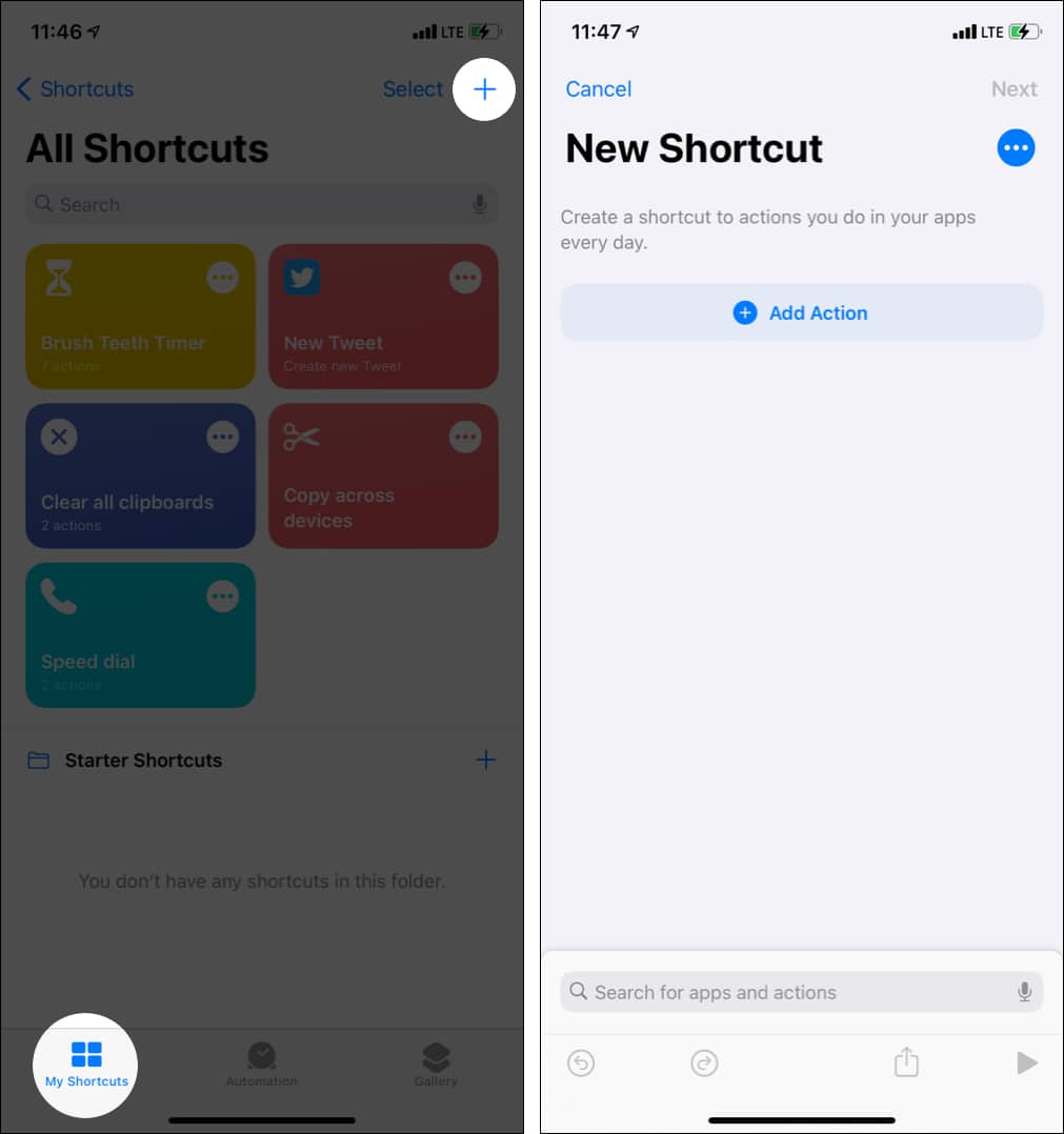 Tap Plus in My Shortcuts and tap Add Action